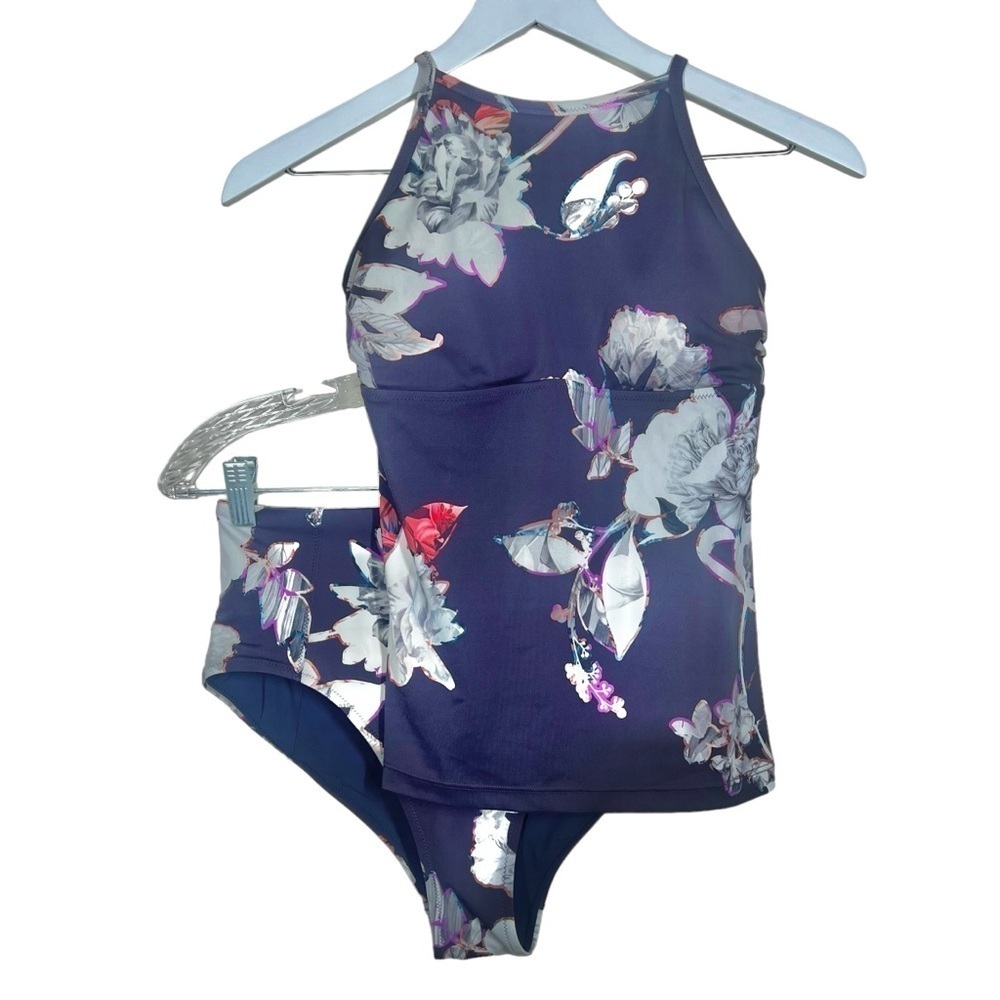 Athleta Piha High Neck Tankini and High Waist Swim Bottoms Purple Floral Beach